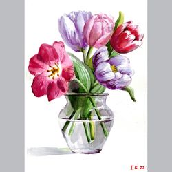 Bouquet of tulips in a jar. Original watercolor painting 11,7x8,2