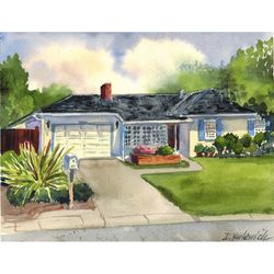 Steve Jobs garage and parental home. Original watercolor painting 7x9''