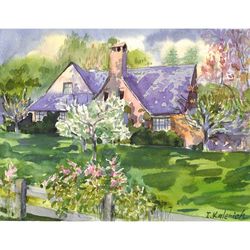 Steve Jobs' house in Palo Alto in spring. Original watercolor painting 7x9''