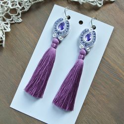 Purple and White tassel earrings, Embroidered soutache Boho long dangle Earrings