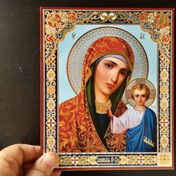 The Mother of God of Kazan |  Gold and silver foiled icon on wood | Size: 8 3/4"x7 1/4"
