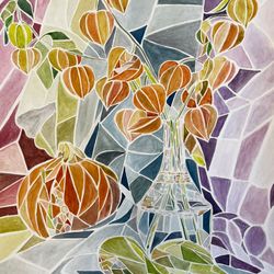 still life in mosaic style modern handmade wall art original watercolour painting handmade