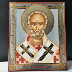 Saint Nicholas the Wonderworker, Archbishop of Myra |  Gold and silver foiled icon on wood | Size: 8 3/4"x7 1/4"