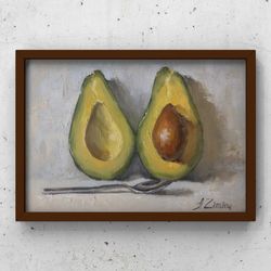 Avocado painting, original oil painting still life Avocado halves, small painting for kitchen