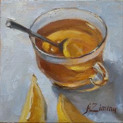 Lemon tea painting, small oil painting still life, original oil painting, tea cup painting for kitchen