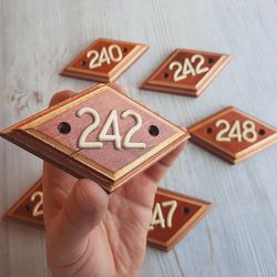 Wooden rhomb address number plate 242 - Soviet apartment door number sign vintage