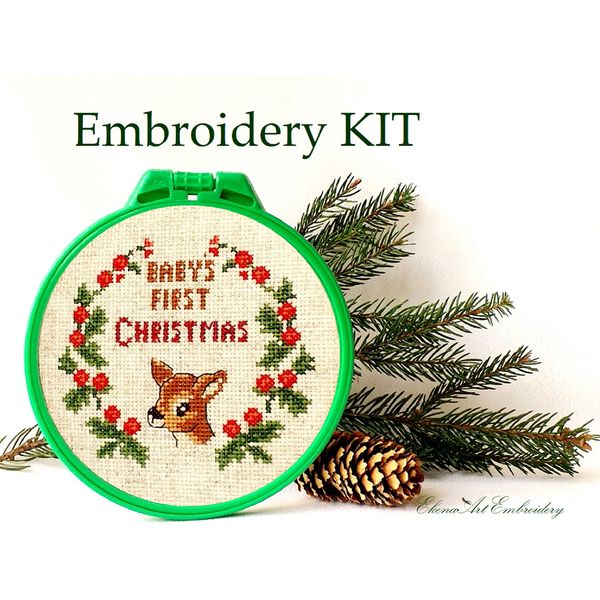 Babys First Christmas Embroidery Kit. Beginner Cross Stitch Embroidery. My First Christmas. Cute Baby Deer Embroidery Design. Reindeer Ornament. Diy Christmas O