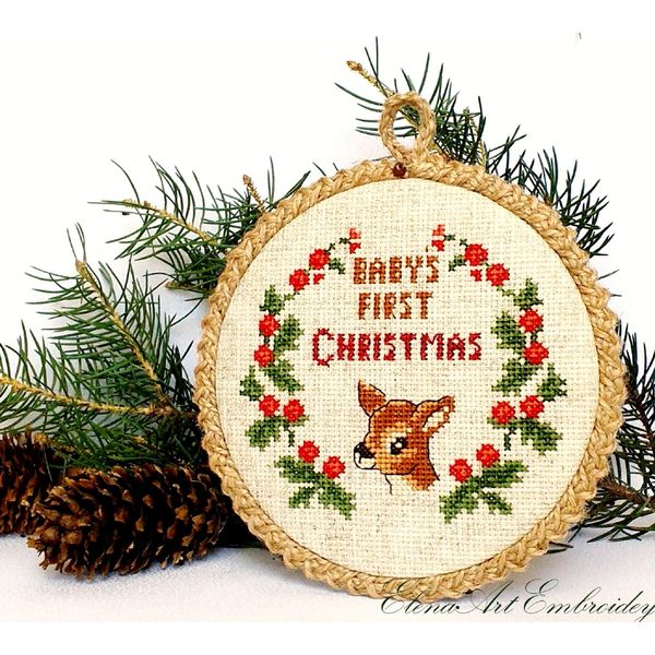 Babys First Christmas Ornament, Finished Christmas Handmade Embroidery. My First Christmas.  New Parent Gift. 1st Christmas Ornament. New Mom Gift. Christmas Ke