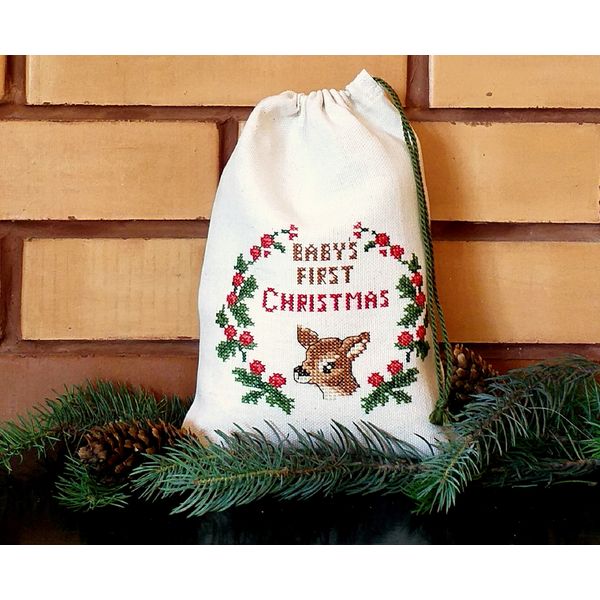 Babys First Christmas Ornament. New Baby First Christmas Stocking. Reindeer Santa Sack. Personalized Santa Sack. Embroidered Christmas Bag.jpg