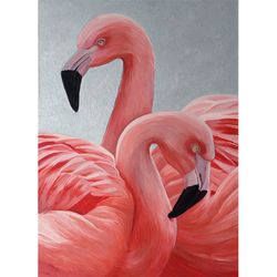 Pink Flamingos Original oil painting Animal Bird Art painting Home wall decor Silver art Flamingo art