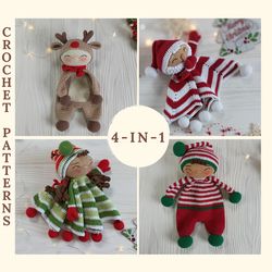 4-in-1 Christmas Baby Loveys Amigurumi Crochet Patterns, Crochet Elves, Crochet Santa, Crochet Reindeer Doll