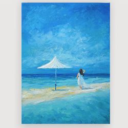 Girl Painting Original art Tropical Beach oil Painting Seascape artwork 12 by 16 inch Ocean wall art by Juliya JC