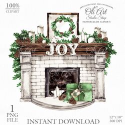 Merry Christmas Fireplace Clip Art. Joy. Digital Clipart, Hand Drawn Graphics, Digital Download. OliArtStudioShop