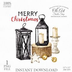 Merry Christmas Lantern Clip Art. Holiday Classic Lantern, Hand Drawn Graphics, Digital Download. OliArtStudioShop