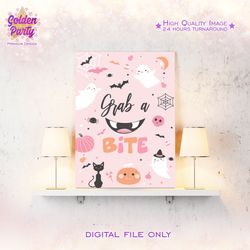 Halloween Grab a bite Pink Ghost Party Decor Girl Theme Birthday Spooky Favor Table Sign Instant Download