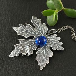 Silver Maple Leaf Necklace Woodland Forest Nature Botanical Gray Ultramarine Blue Pendant Necklace Jewelry Gift 5398