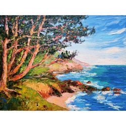 California Coast Painting California Ocean Beach Original Artwork Pine Tree Impasto Oil Painting on Canvas 12x16 inch