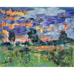 Nature Painting Landscape Sky Trees Original Artwork Summer Sunset Plein Air Impressionism Wall Art