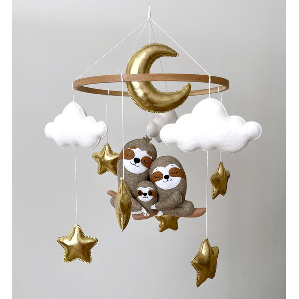 Baby mobile  with sloth family gold star and moon