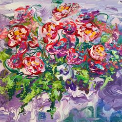 Bouquet Red Flower Abstract Roses Impasto Painting Original Art Artist Svinar Oksana