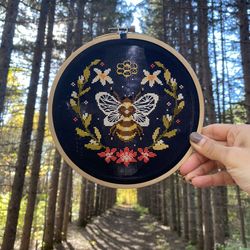 bee cross stitch, floral cross stitch, honey cross stitch, floral wreath cross stitch, moon cross stitch, insect cross