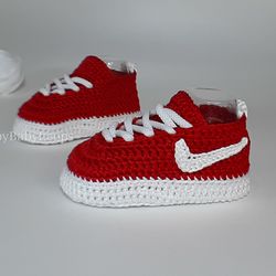 Red Baby girl booties sneakers, crochet newborn shoes first christmas ornament, baby girl clothes, postpartum gift