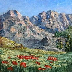 Alps Painting Small Oil Painting Original Artwork Mountain Painting Switzerland Wall Art Poppies painting