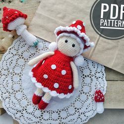 mushroom doll crochet pattern. amigurumi doll in mushroom dress crochet pattern. doll tutorial pdf.crochet doll pattern
