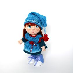 Gnome doll with dog  Handmade interior Elf doll  Amigurumi doll blue dress cap Christmas gift doll