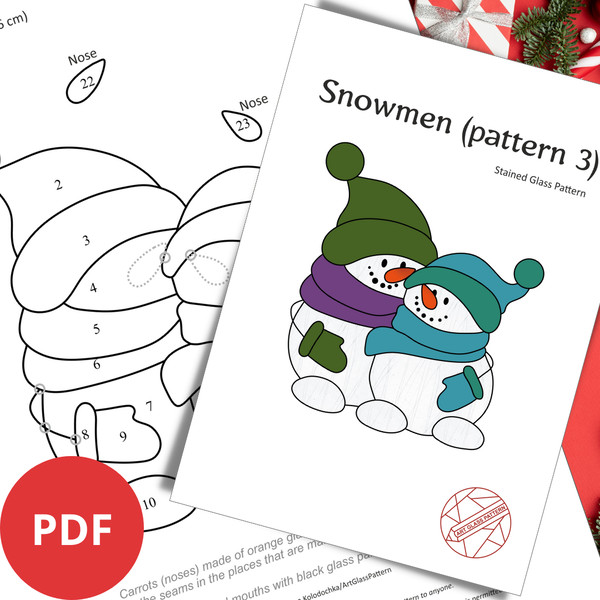 Two-sheets-of-paper-with-color-and-black-and-white-outline-stained-glass-pattern-of-two-hugging-snowmen-in-hats-scarves-and-mittens