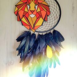 interior dream catcher with a lion in the style of "geometry". handmade dream catcher . wall decor with lion