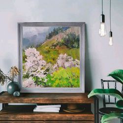 Blossom trees painting oil original landscape. Impressionist art