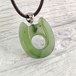 Horseshoe pendant for good luck from green natural jade, Christmas gift.
