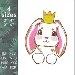 rabbit embroidery design, cute animal wearing a crown, 4 sizes