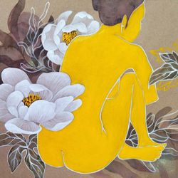 Naked woman painting Yellow nude girl figure floral artwork white peony flower