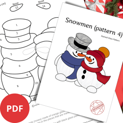 Stained Glass Pattern, Christmas Suncatcher - Two cute embracing snowmen - PDF Digital Download For your Christmas gift