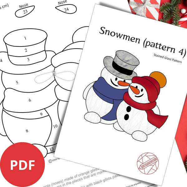 Two-printed-sheets-with-color-and-black-and-white-outline-stained-glass-pattern-of-two-snowmen-one-in-gray-cylinder-the-other-in-red-pompon-hat