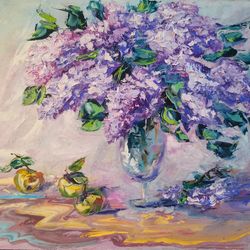 Lilac Flowers Vase Apples Impasto Oil Painting Original Artist Svinar Oksana