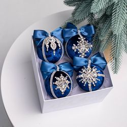 Luxury Christmas ornaments, Handmade balls, Xmas decorations, Tree decor set, blue baubles, christmas clearance