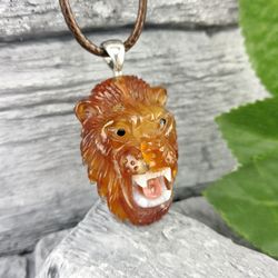 Lion pendant from natural orange carnelian, Zodiac gift, Christmas gift.