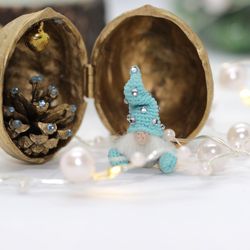 Christmas gnome micro crocheted Toy in a fairy house walnut shell dollhouse miniature funny gift for mom handmade gift