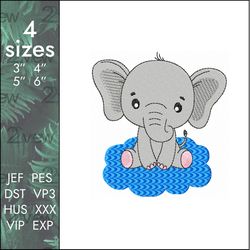 elephant embroidery design, cute animal on a cloud, 4 sizes