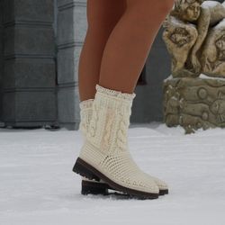 Snow ankle boots Knit ankle boots Crochet boots with lace womens Knitted boots womens Snow boots women