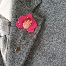 Burgundy orchid  men's lapel pin Leather boutonniere for him 3rd anniversary gift, art.54