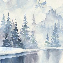 Norse dragon art Winter river, Fantasy watercolor painting, ORIGINAL watercolor