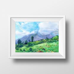 High in the mountains Watercolor painting for printing Digital file Poster A2