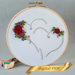 two hearts pattern pdf ribbon embroidery, flower embroidery diy