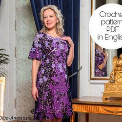 Purple dress Irish lace crochet pattern , Crochet purple wedding dress, crochet leaf patttern, crochet flower pattern.