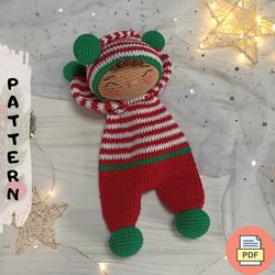 Crochet Christmas Elf Baby Lovey Amigurumi Pattern PDF, Sleepy Toy For Baby DIY (ENG), Amigurumi Crochet Pattern