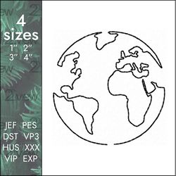 World map Embroidery Design, travel globe one line, 4 sizes